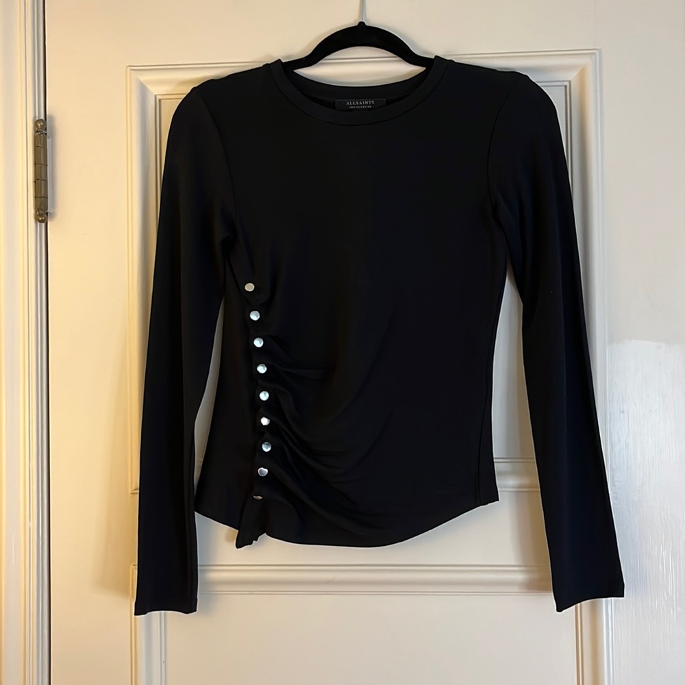 All Saints Black Long Sleeve Top with Button Detail